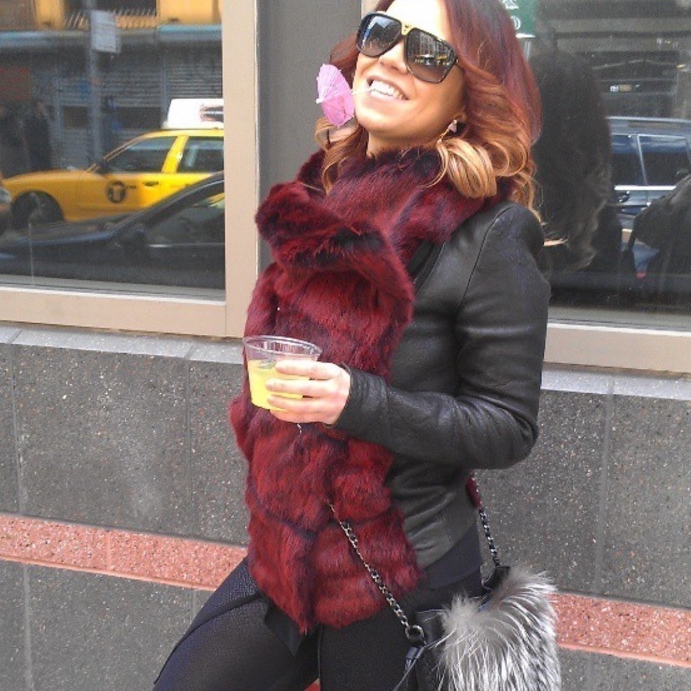 Helmut Lang red rabbit Fur Leather Coat Jacket Sz small women’s black zip up